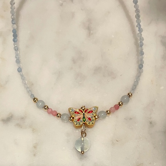 Aquamarine Pink Opal Adjustable Bracelet & Necklace Butterfly Charm - NWOT - Picture 12 of 14